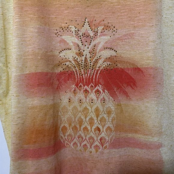 One World Sheer Top T Shirt Pineapple Embellished Yellow Orange Tropical Summer - Picture 2 of 8